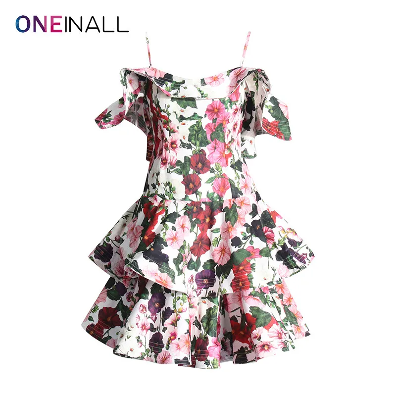 ONEINALL Floral Printing Slim Dresses For Women Square Collar Sleeveless Backless High Waist Mini Dress Female Summer Clothing