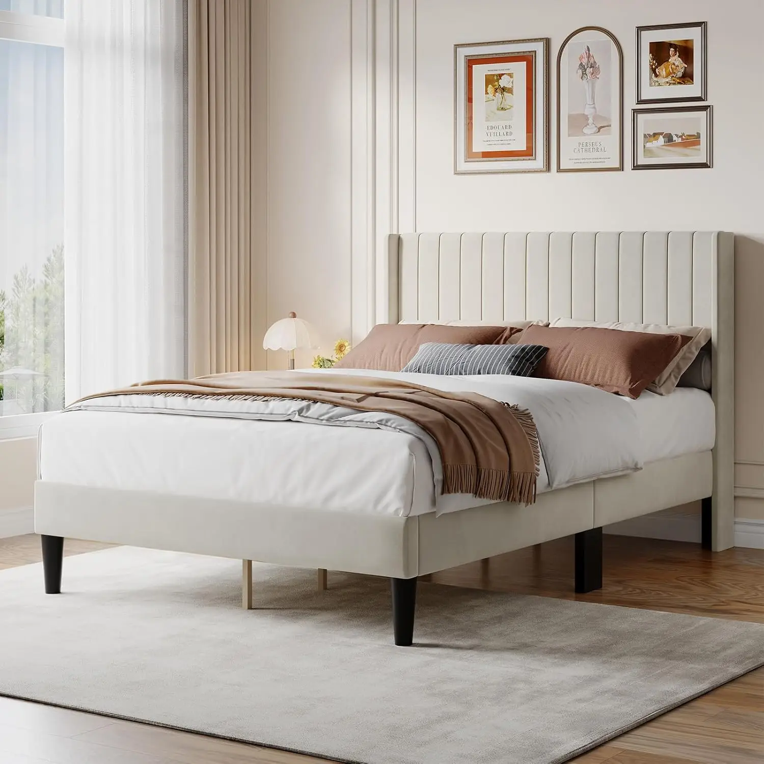 

Full Size Bed Frame with Modern Fabric Upholstered Wingback Headboard & Wooden Slats, 800lbs Capacity, No Box Spring Nee