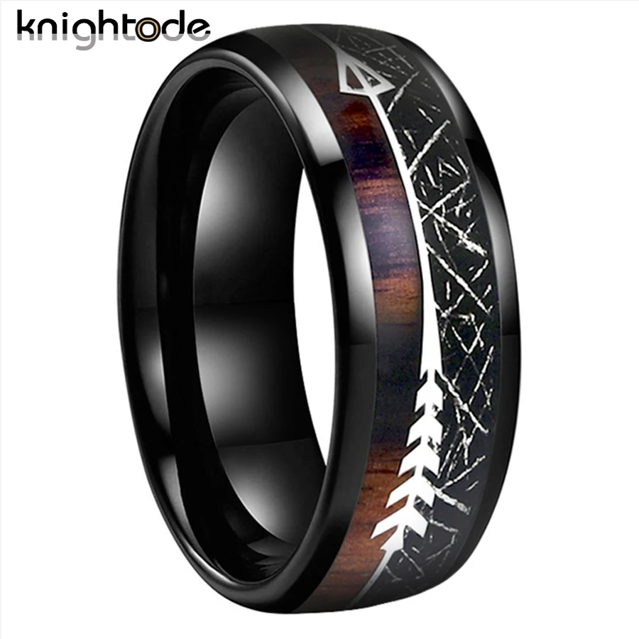 Black Meteorite/Koa Wood Unique Texture Inlay Tungsten Carbide Ring For 8mm Men Women Wedding Slivery Arrow Dome Polished