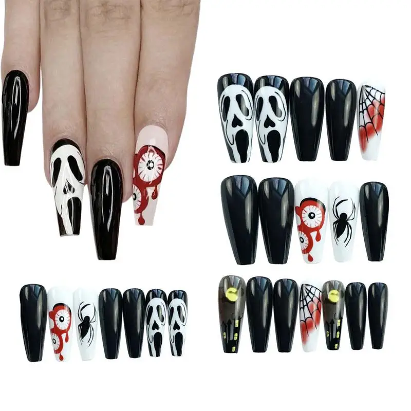 Halloween Wearable False Nails Press On Long Nails With Spider Pattern Various Sizes For Ball Wedding DIY Odorless Home Nail Art