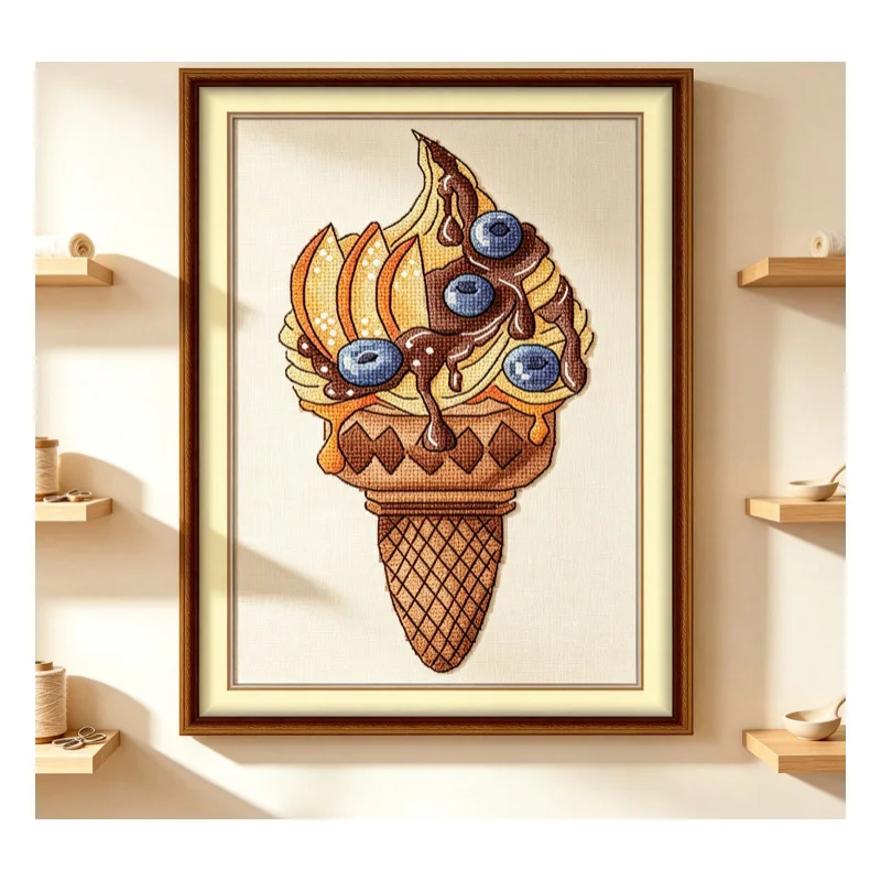 Joy Sunday Blueberry Orange Ice Cream Cross Stitch Kit - Embroidery on Printed Canvas 11CT/14CT/16CT for Home Wall Decor Handmad