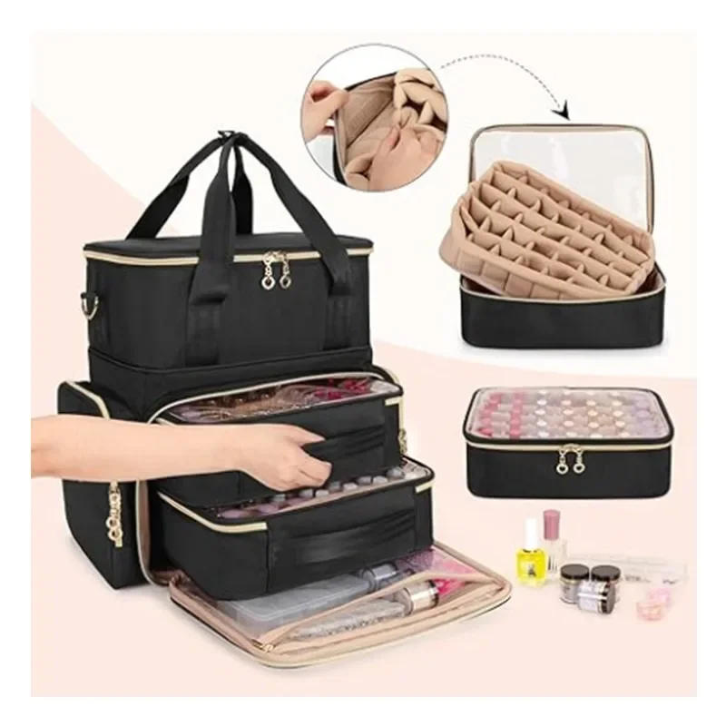 منظم طلاء الأظافر من ريلافيل، حقيبة أظافر بطبقة مزدوجة تحمل 80-100 زجاجة (15 مل/0.5 أونصة أوقية) وحقيبة تخزين لمصباح الأظافر