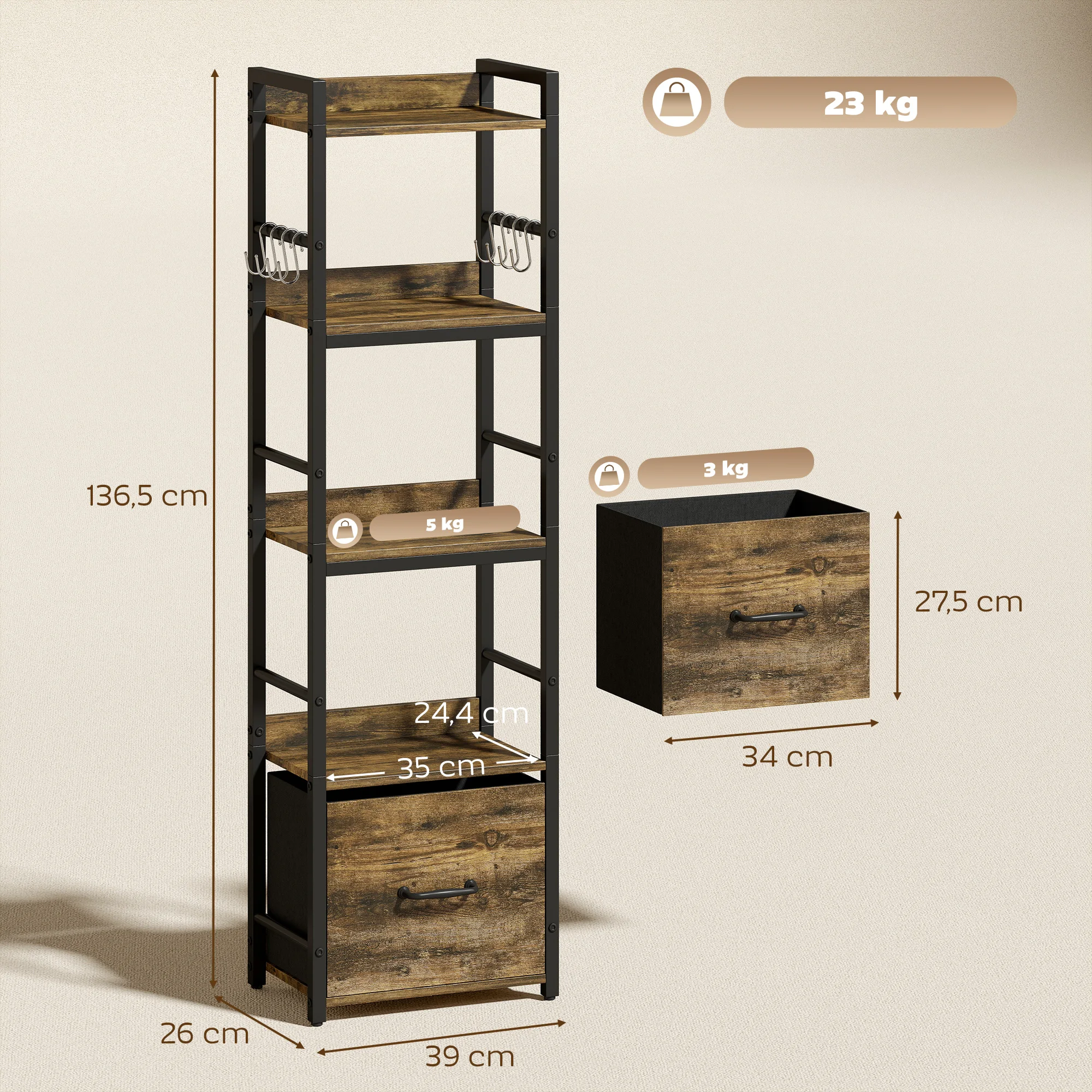 Obrázek 7: HOMCOM 4-level knihovna, úzký úložný polici s šuplík, 8 háčků, 39x26x136.5 cm, rustikální hnědá