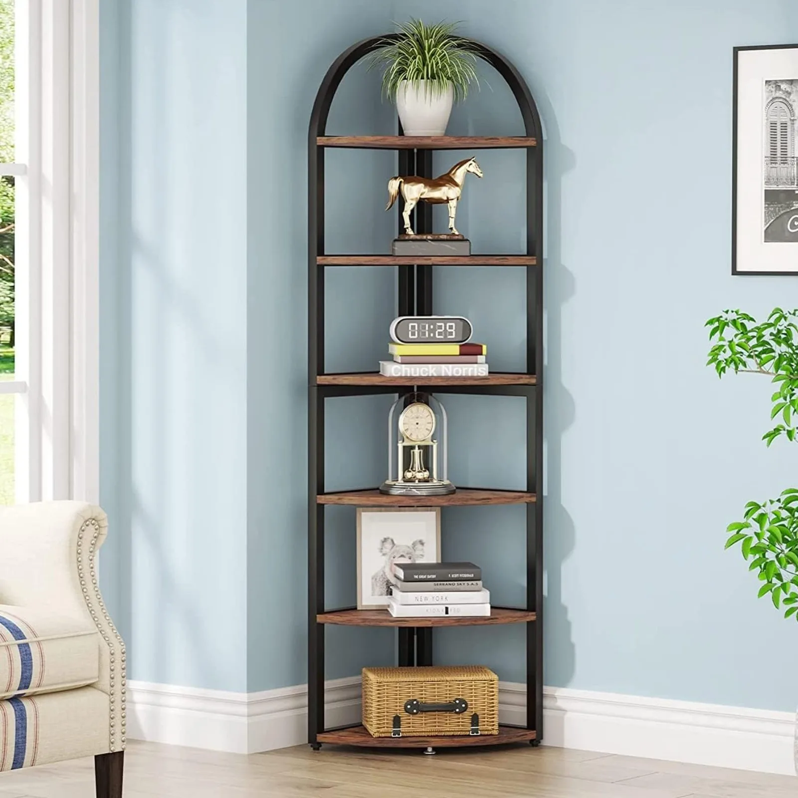 

US 6 Tier Corner Shelf, 71 inch Tall Corner Bookshelf for Small Space, Rustic Plant Stand Display Rack for Living Room, Home