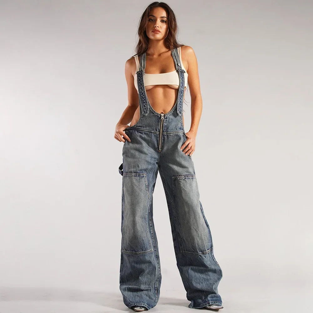 

Women Suspenders Denim One Piece Long Pants Jumpsuits Casual Rompers High Waist Loose Overalls Straight Trousers Summer