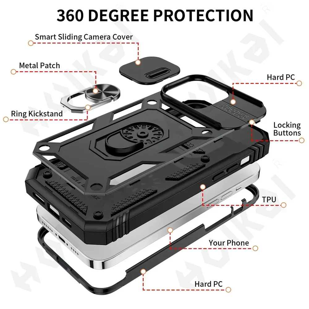 2023 Case For iPhone 16 15 14 13 12 11 Pro XS Max Plus 360 Full Body Rugged Protective Slide Camera Stand Protection Ring Cover
