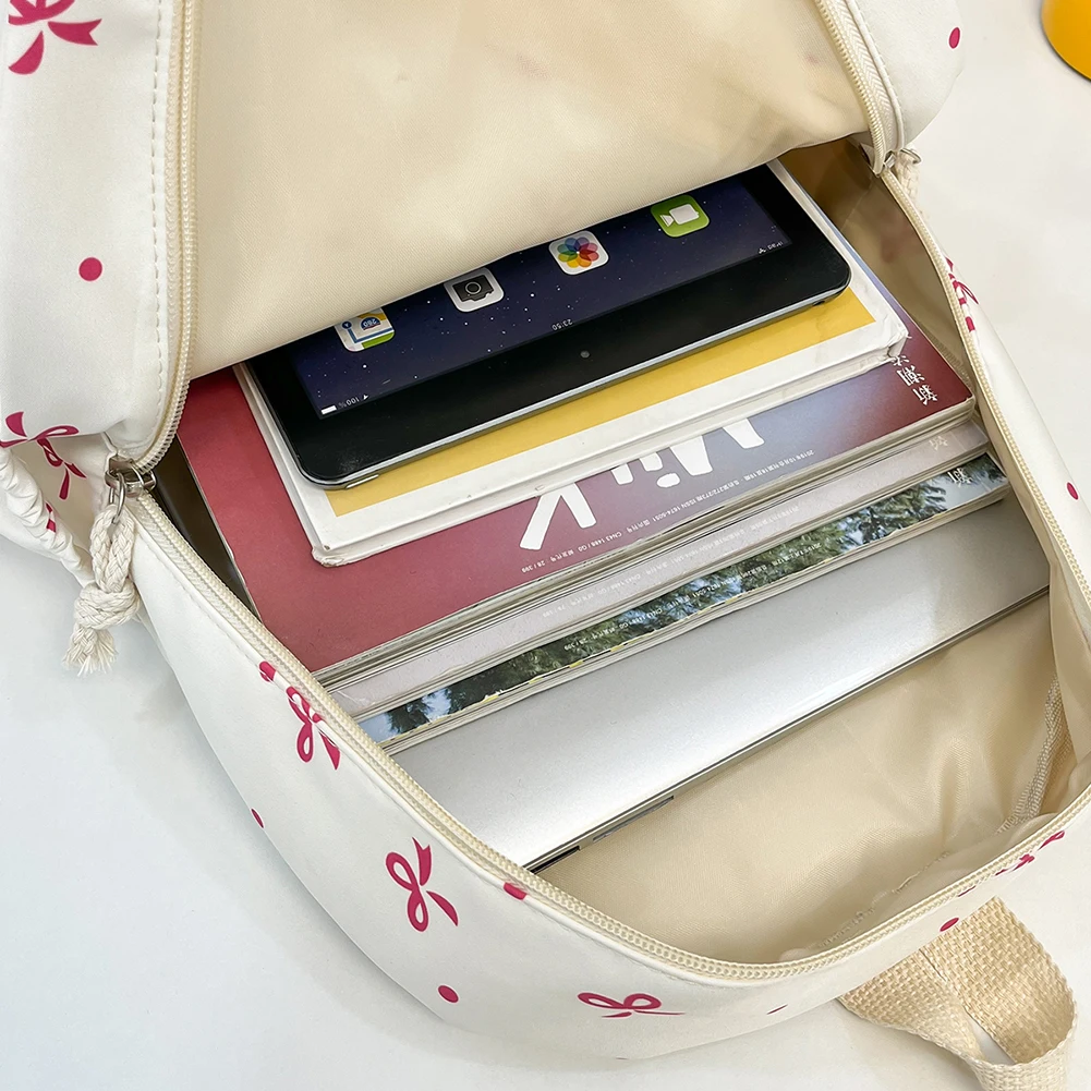 3 Pcs/Set Cute Backpack Large Capacity Bow Print Nylon School Backpacks with Lunch Box and Pencil Case Notebook Schoolbag