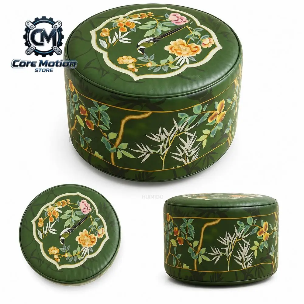 New Boho Pattern Ottoman Pouf Green Fillable Design Storage Ottoman PU Leather Large Opening Footstool Cover Living Room