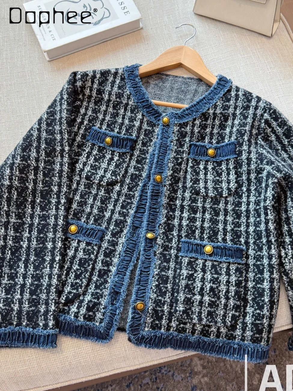 

Fashion Knitted Cardigan Denim Patchwork Jackets for Women Elegant Socialite Korean Style Chic Loose Slim Sweater Jackets Autumn