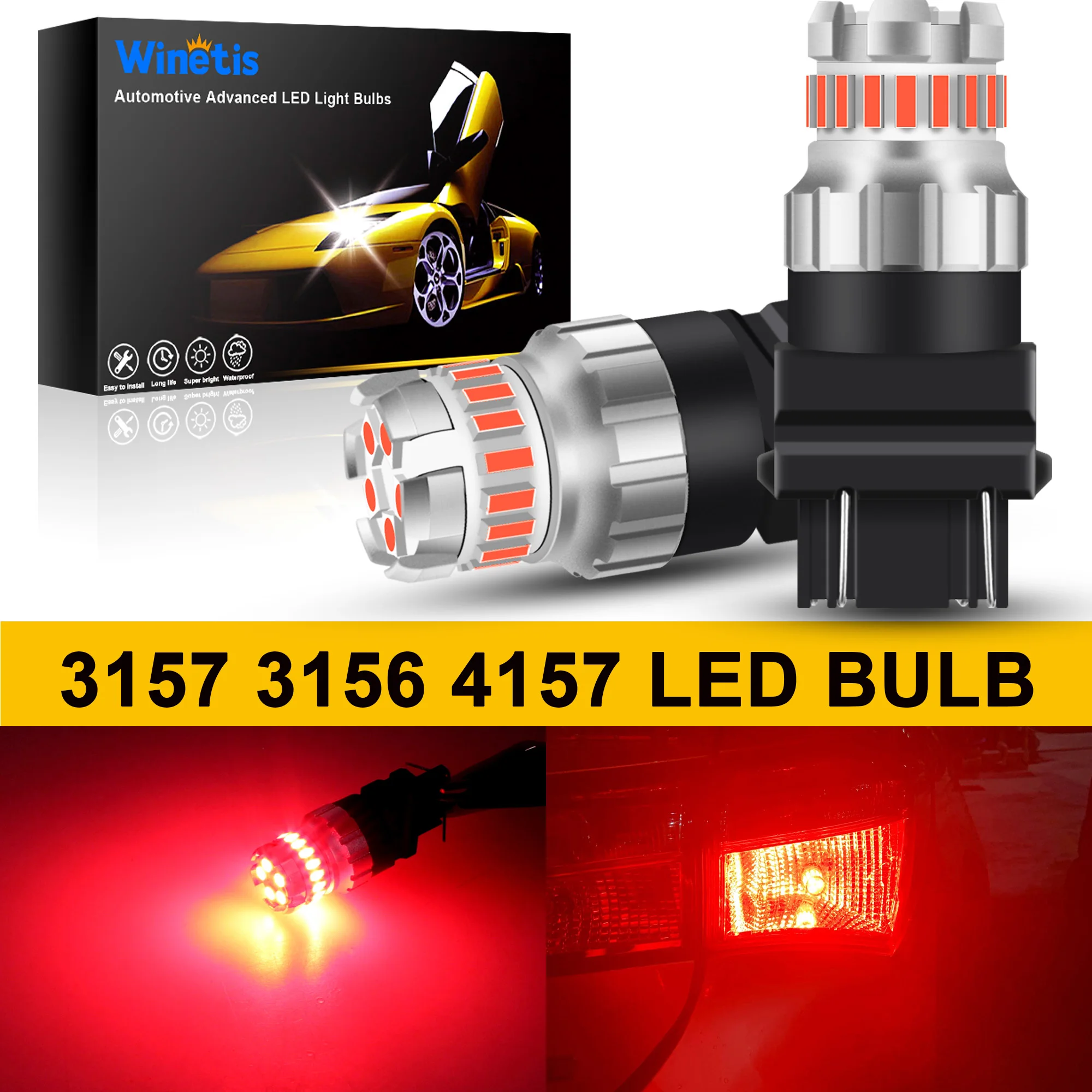 

Winetis 2X 3157 3156 3057 4157 Red Strobe Flash LED Brake Tail Parking Stop Light Bulbs Error Free Super Bright