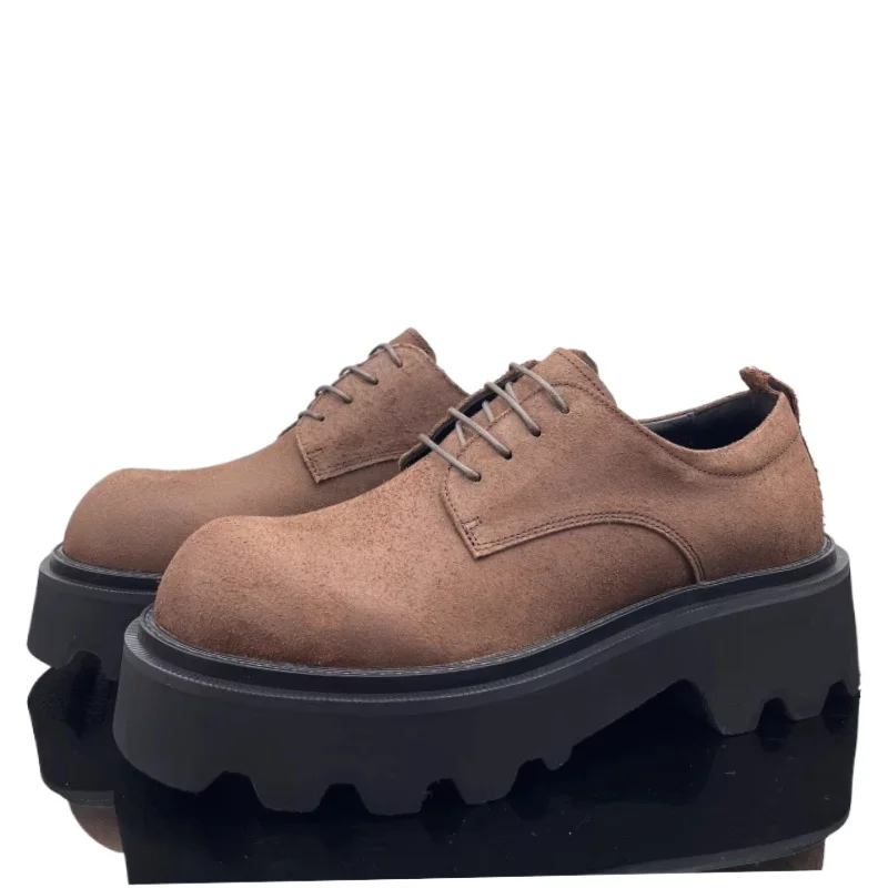 

European Original Retro Brown Burst Cowhide Shoes for Men's Genuine Leather Handmade Thick Bottom Casual Height Increasing Shoes