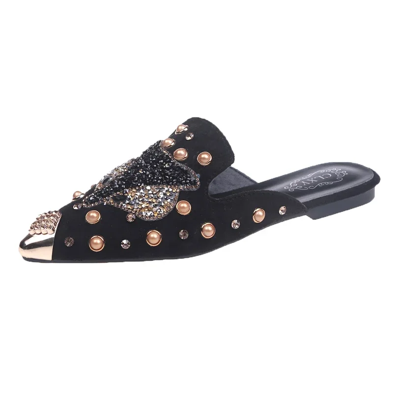 Women Shoe Fashion String-bead Pointed Rhinestone Rivet Flat Women Slippers Slip-On Mules Loafer Sandals Slides Ladies Shoes