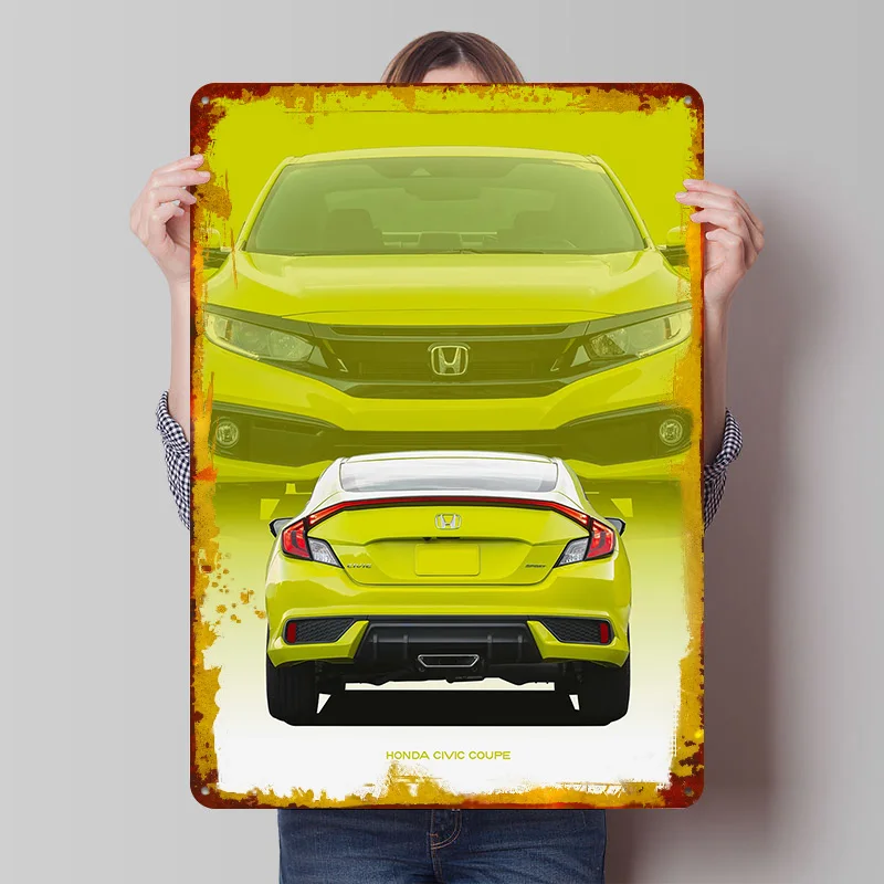 Japanese Car Civic Coupe Rear View Metal Poster Customized Wall Art Retro Vintage Metal Signs for Man Cave Mancave Decoration