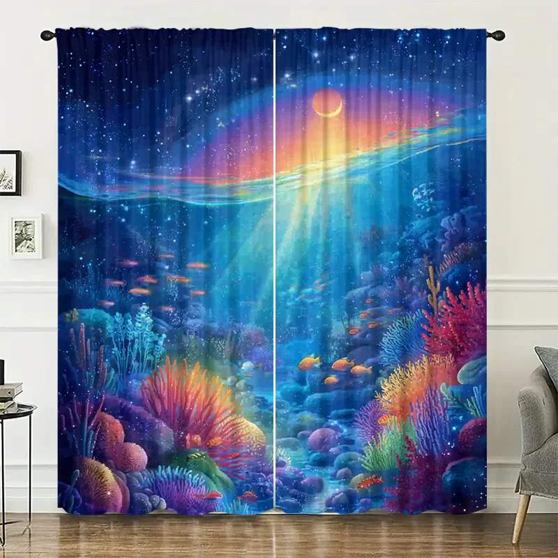 Vibrant Ocean Wave Galaxy Curtains Nautical Tropical Deep Sea Life Window Drapes Coastal Aquarium Panels Blue Coral Bathroom