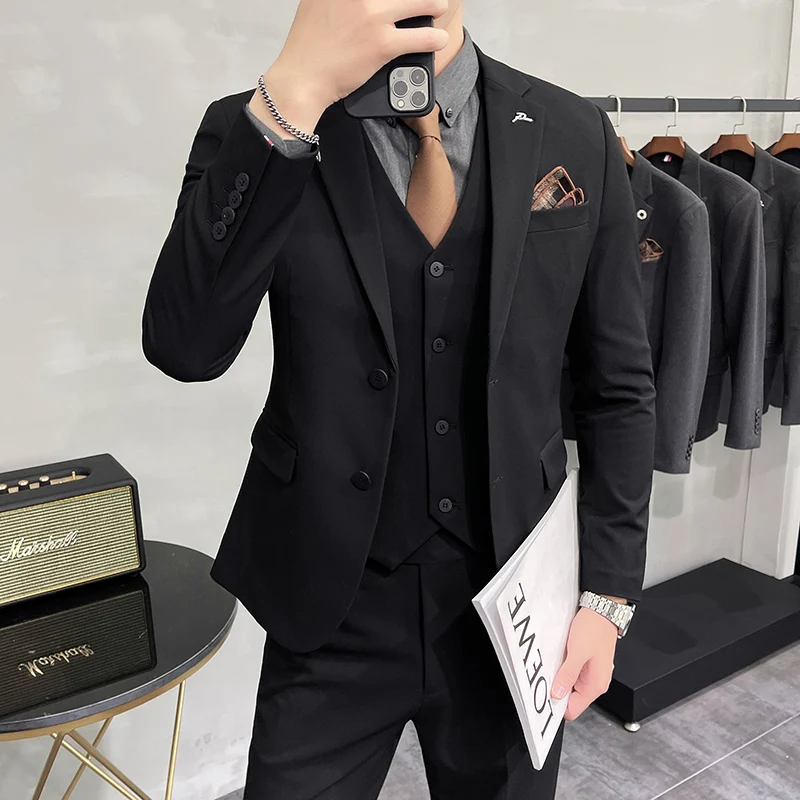 Plus Size S-7XL Man Korean Slim Fit Custom Groom Business Casual Tuxedo Blazers Vest Pant Casual Wedding Social Tuxedo Dress