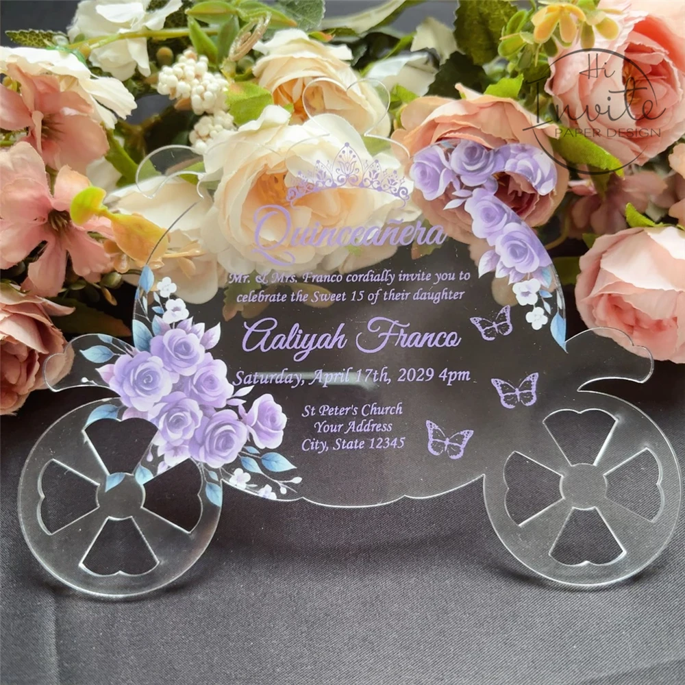 

Lavender Pumpkin Carriage Quinceañera Acrylic Invite, Light Purple Cinderella Birthday Invitation, Floral Fancy Bat Mitzvah Card