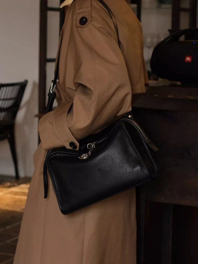 GENGWO Black Fashion Simple Genuine Leather Women Tote Boston Bag\Handbag Real Leather Lady Underarm Shoulder Crossbody Bag