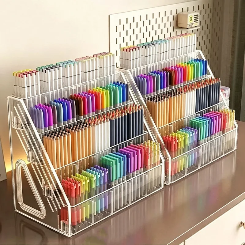 5-Layer Office Desk Storage Rack, Each Layer Has 5 Transparent Compartments for Pen Holders, Sturdy and Durable, Transparent and Visible, Space-Saving Design, Suitable for Storing Supplies Such as Paintbrushes, Pencils, Markers, Etc., Can Be Used for Office Supplies and Craft Accessories