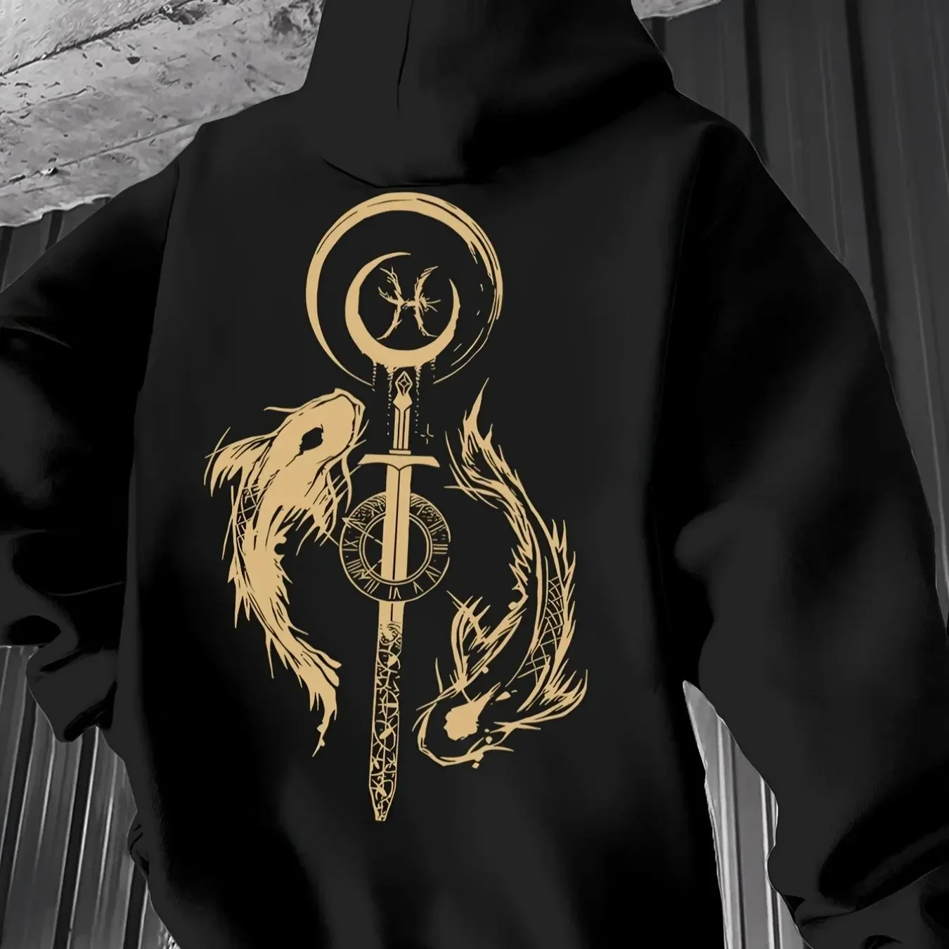 Men's Autumn/Winter Samurai Sword Print Pattern -Lined Hooded Sweatshirt Versatile Sporty Casual Loose Fit Hoodie