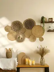Hanging Woven Cloth Wall Basket Handmade Decorative Rustic Boho Wall Baskets Decor Home Farmhouse Wicker Round Seagrass Baskets