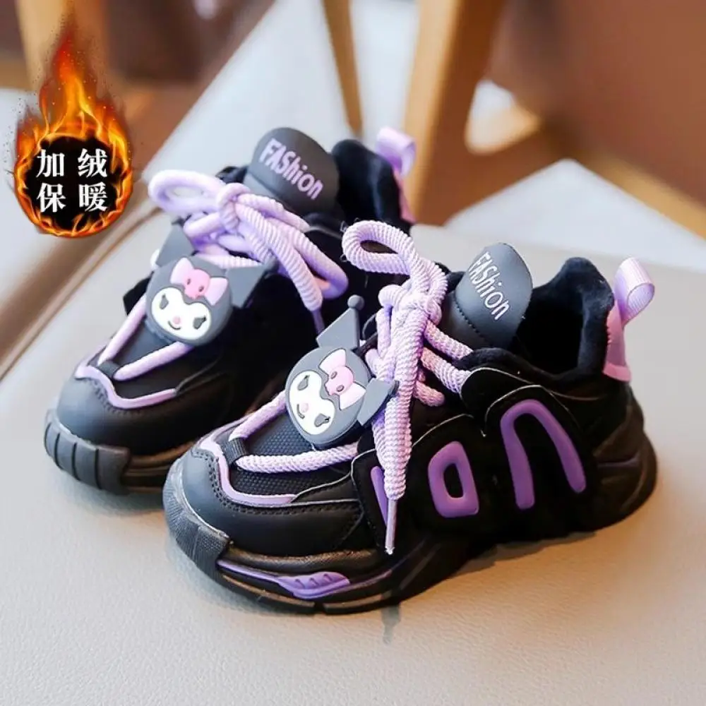 Anime Winter Kawaii Child Kuromi Girls Plus Velvet Cotton Shoes Sneakers Sports Shoes Sanrios Cartoon Cute Warm Casual Shoes