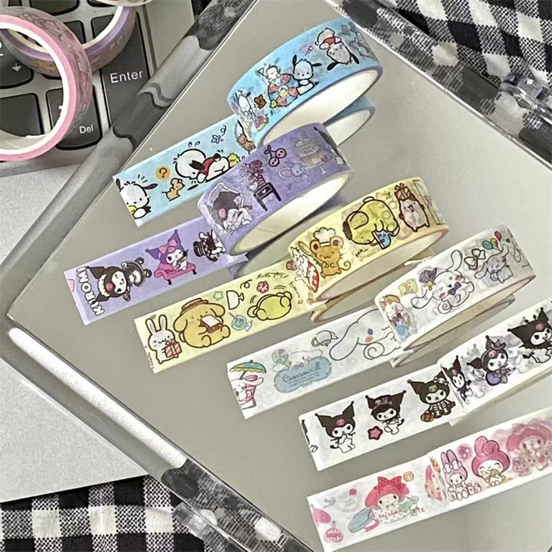 10Roll/Box Sanrio Kuromi Melody Cinnamoroll Guka Handbook Stickers Kawaii Pompompurin Pochacco Hand Account DIY Sticker Kid Toys