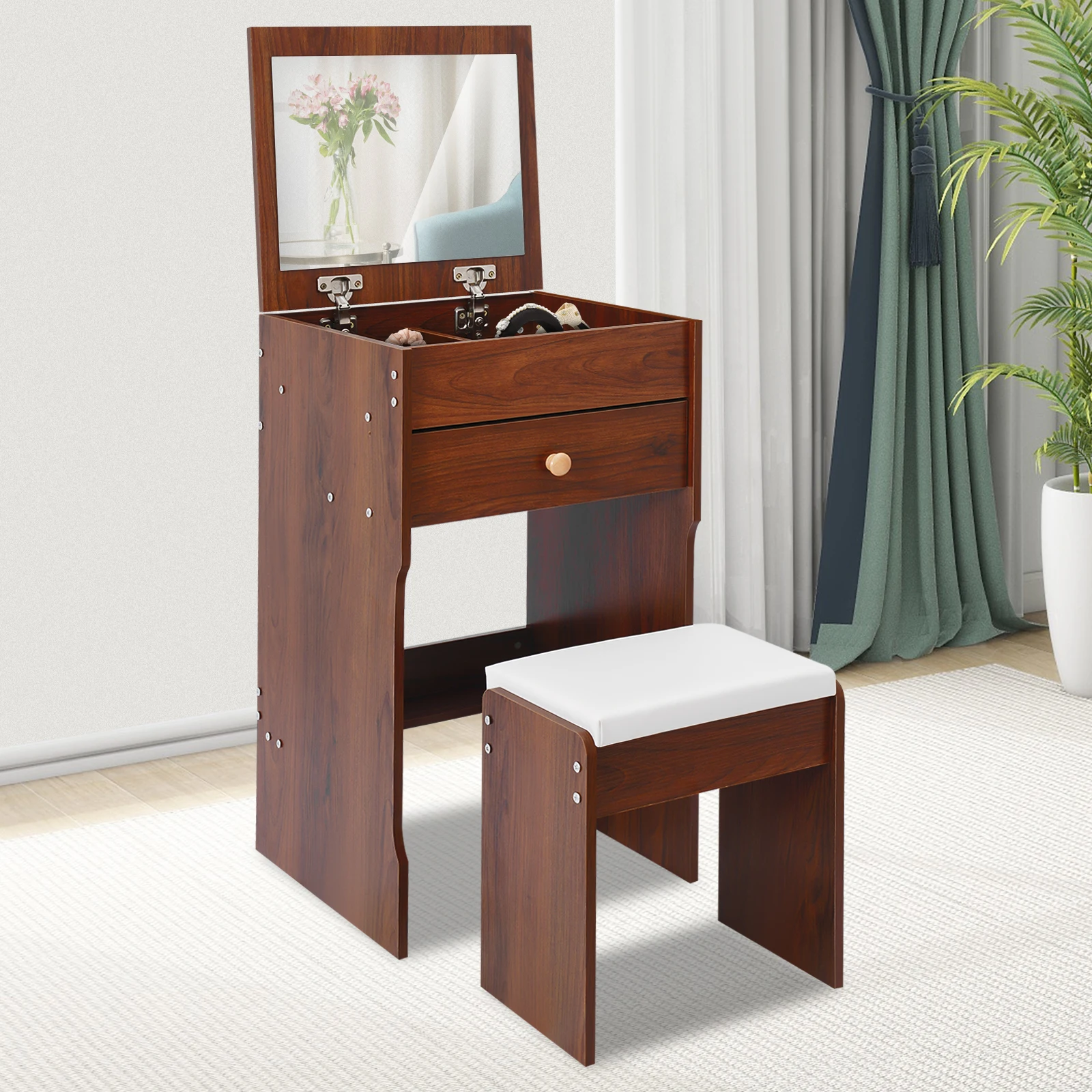 Schminktisch mit Spiegel, kompakter Make-up-Tisch mit Aufbewahrungsfächern und Hocker mit weichem Sitzkissen, Frisiertisch für Schlafzimmer