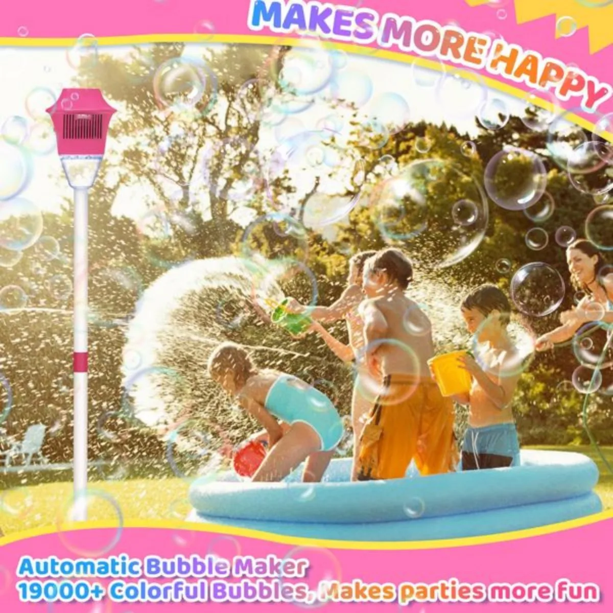 Machine à bulles automatique avec musique et lumières, Machine à bulles colorée, support en hauteur réglable, jouet amusant en plein air pour mariage