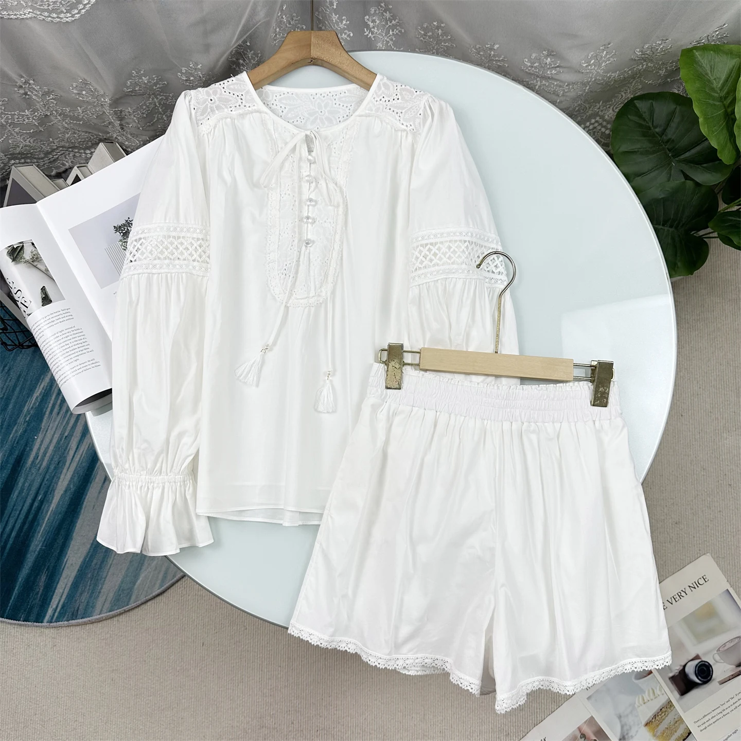 

Elegant Pure Cotton Embroidered Hollow out Top Shorts Set Women's Fashion Summer Outfit Short Sleeve Long Pants Two-Piece Set