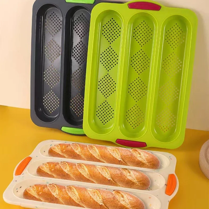 

New stock silicone long strip three-groove baguette baking pan diamond grid cake mold baked with DYI