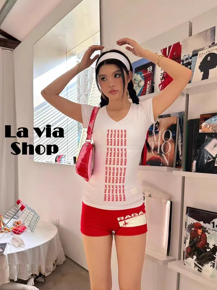 

Raga Malak Jennie Sle Hot Girl Slim Fit V-Ne ort Sve Футболка/шорты Женская модная корейская версия Wet-ng Polye...