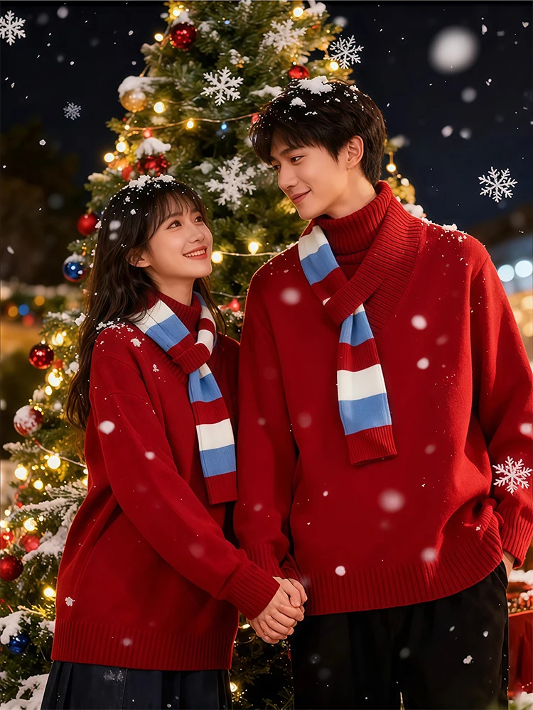 

Красный вязаный свитер для зимы, модный, новогодний, парный, свободного кроя, из мягкого материала, повседневный, с длинными рукавами