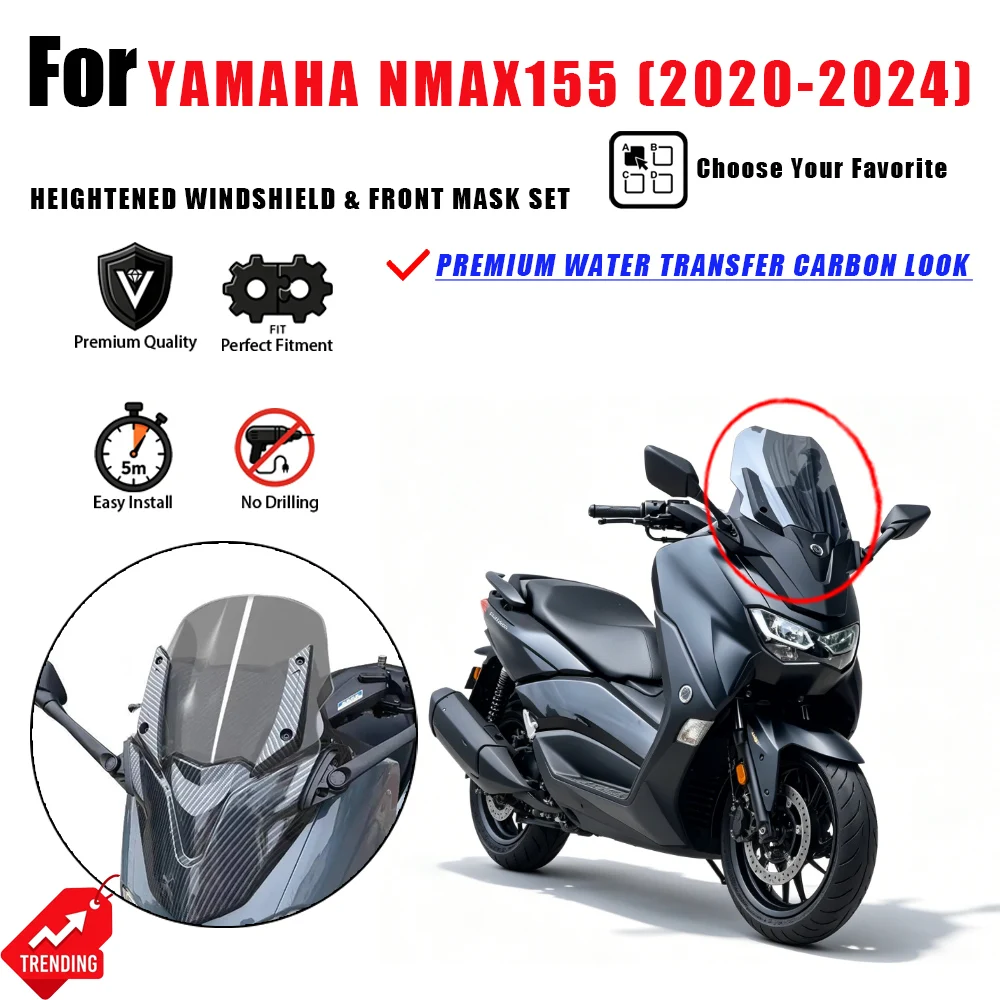 For Yamaha NMAX155 2020-2024 Windshield Heightened Front Face Mask ABS Carbon Look Accesorios Moto Parabrisas Cupula NMAX 155