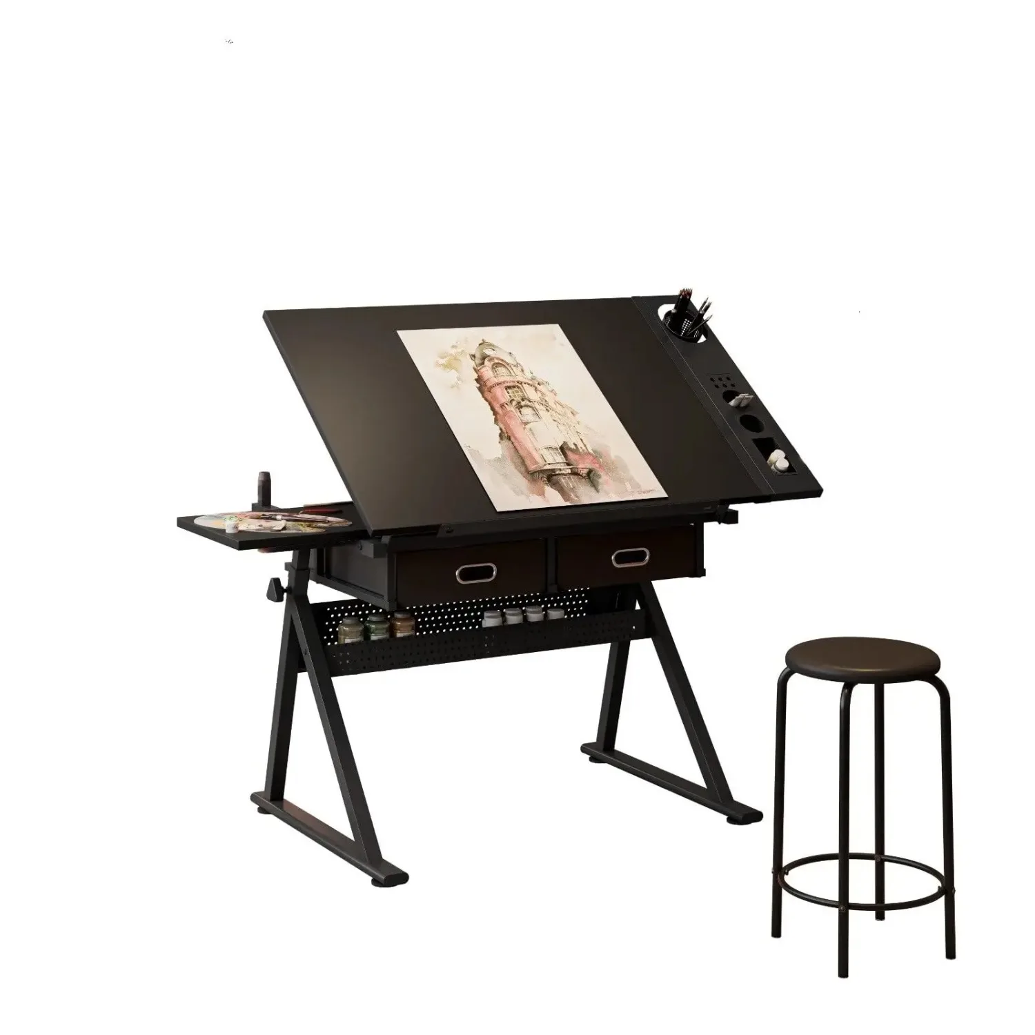 Adjustable Drawing Drafting Table Desk with Stool & 2 Storage Drawers, 38.58