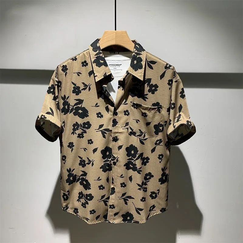 

Retro American Style Summer Printing Men's Turn Down Collar Pocket Single Breasted Trendy Casual Short Sleeve Loose Shirt Tops