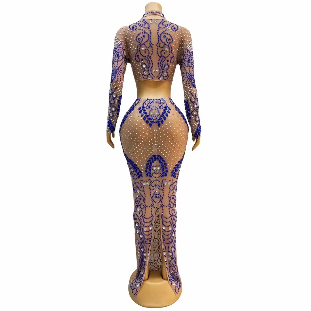 انظر من خلال فستان أحجار الراين الزرقاء ، فساتين المغني الفاخرة ، تصميم بلورات ، شفاف ، مثير ، C232