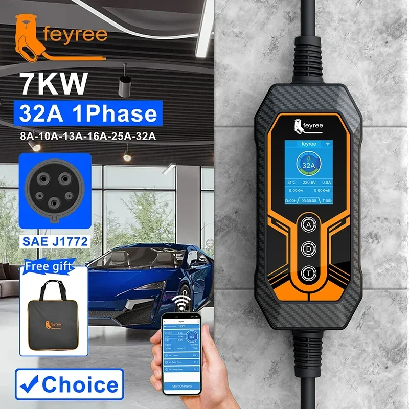 

feyree Portable EV Charger Type1 Wallbox j1772 Socket 32A 7KW 1Phase APP Control EVSE Portable Charging Box for Electric Vehicle