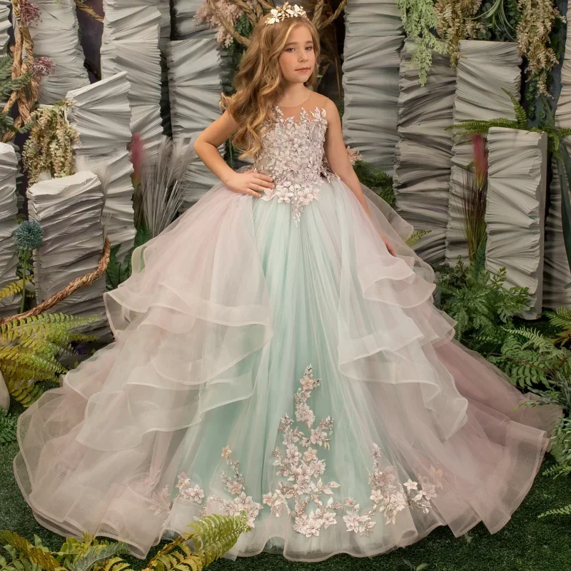 

Flower Girl Dresses Tiered With Flowers Pattern With Tailing Sleeveless For Wedding Birthday Banquet Princess Gowns Customized