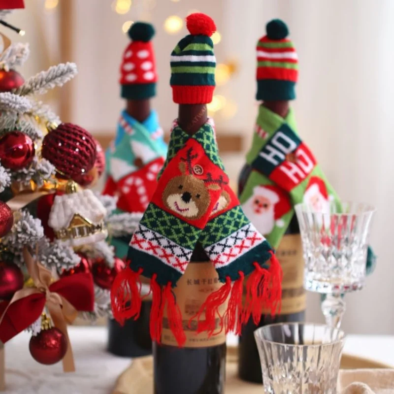 Christmas Wine Bottle Cover Knit Sweater Wine Bottle Decor Cute Santa Claus Elk Scarf Hat Decor Christmas Party Table Decoration