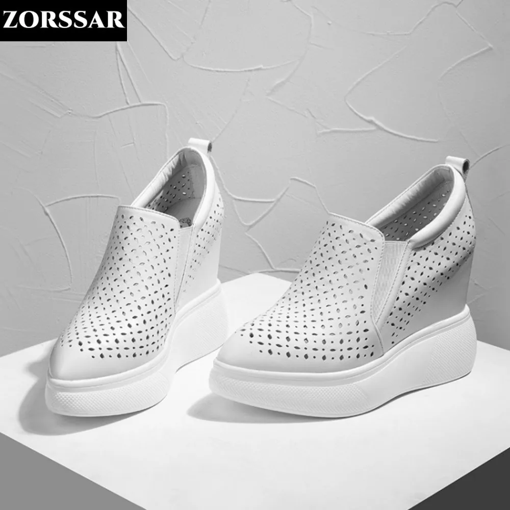 High Heels Hollow Out Shoes Casual Black White Women Sneakers Leisure Platform Shoes Slip-On Breathable Height Increasing Shoes