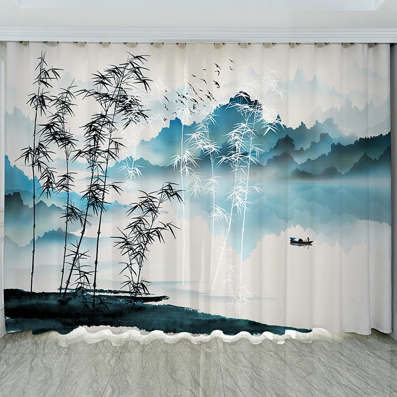 New Chinese Landscape Ink Landscape Painting Chinese Style Living Room Balcony Tea Room Partition Curtain Window 2 panels