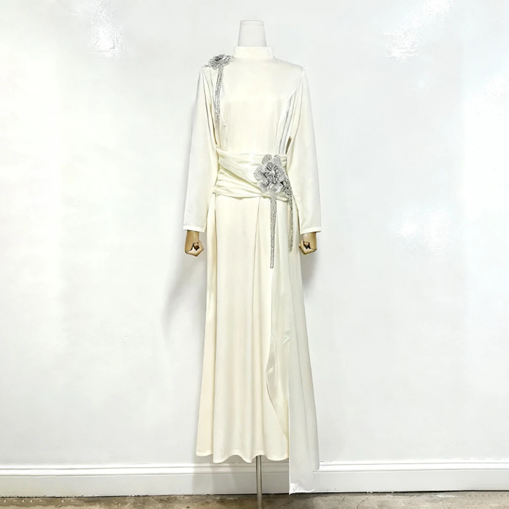 فستان ريترو مع شريط من الساتان الأزرق الداكن شرابة مطعمة الماس تنورة طويلة 2025 فستان نسائي شتاء جديد #4