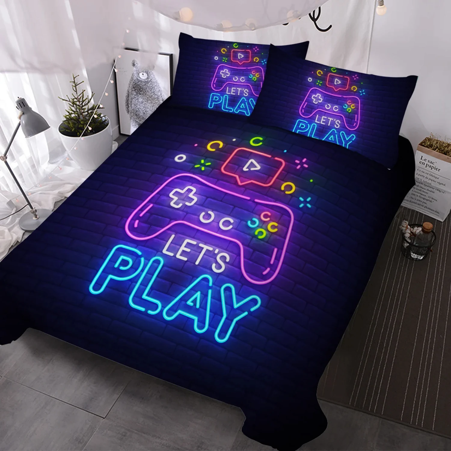 Decorative Gaming Bedding Sets for Teens - Vibrant Video Games Comforter Cover Set with 3 Pieces Duvet Cover and 2 Pillow Shams 