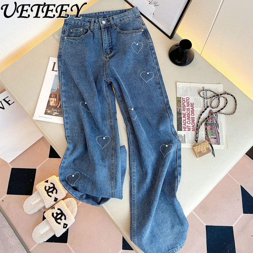 Women's Trousers Spring Summer New Pearl Heart Printed High Waist Slimming and Wide Leg Jeans Narrow Version Straight-Leg Pants