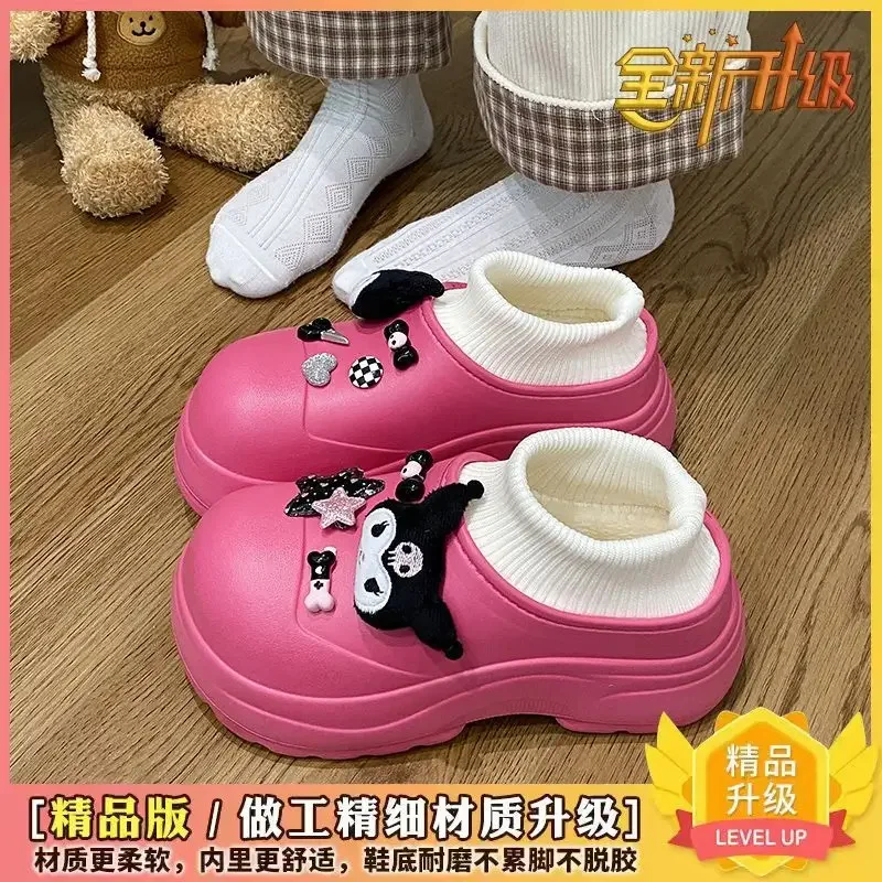 Sanrio Kuromi Kawaii warm cotton slippers for women winter waterproof home thick-soled plus velvet bag with students cute indoor