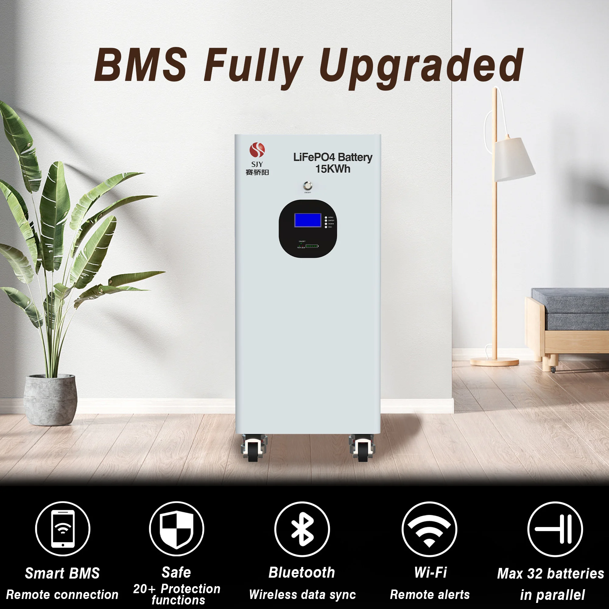 SJY  US Warehouse 15kWh LiFePO4 Solar Battery, 10000 Deep Cycles, WiFi  Monitoring, Home Energy Storage System