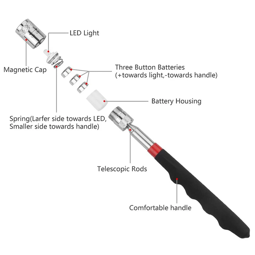 Imagem -04 - Caneta Magnética Telescópica com Luz Haste de Captação Extensível Mini Ímã Portátil Ferramenta para Pegar Parafusos Nut Bol