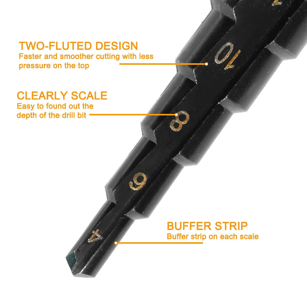 STONEGO 1PC Nitride Coated HSS Straight Hex Shank Step Drill Bit - Cutting on Wood, Plastic, PVC, Iron Plate