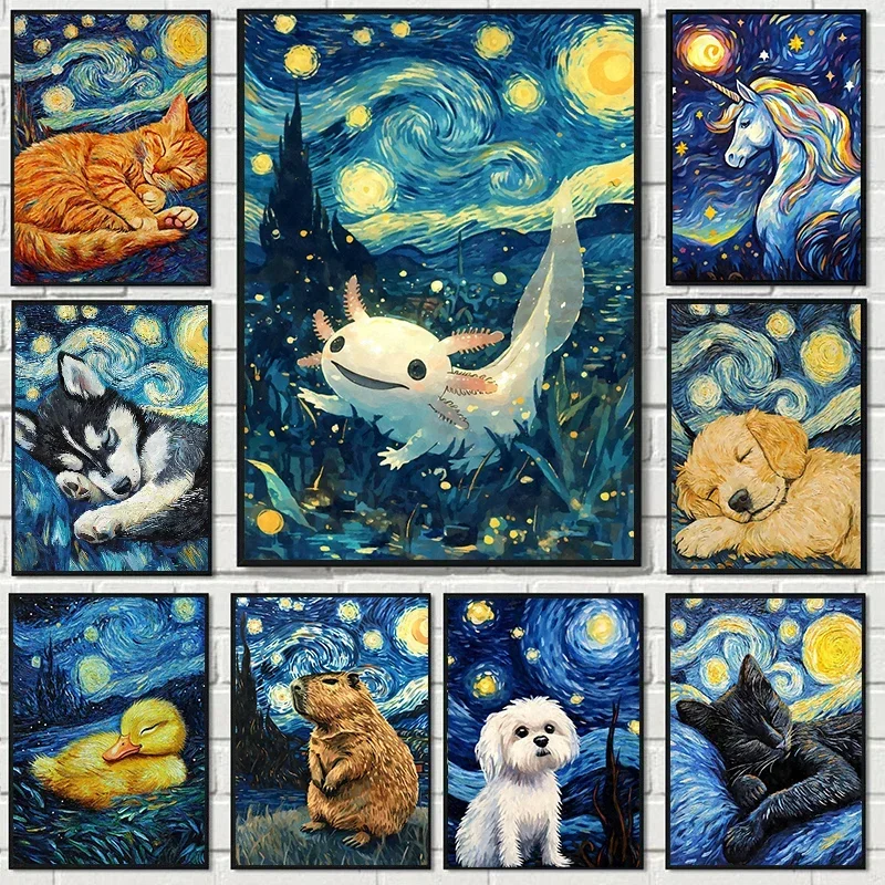Póster de animales lindos de noche estrellada, gato, perro, Axolotl, ornitorrinco, pintura en lienzo, exposición de arte de pared abstracto, decoración del hogar para sala de estar