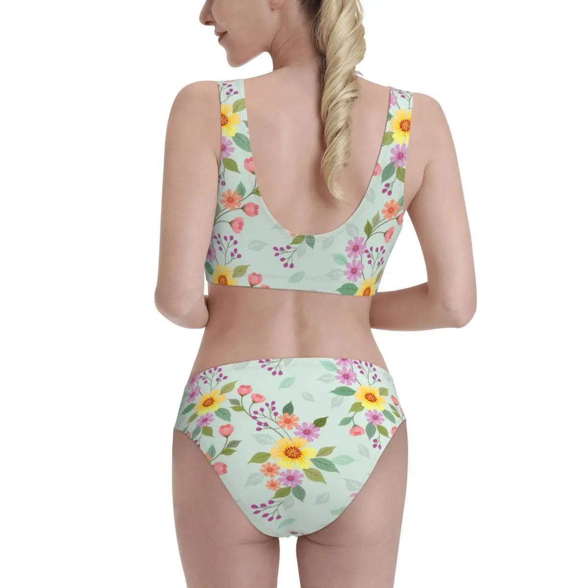 Conjunto de Bikini de cintura alta para mujer, traje de baño de 2 piezas con estampado Floral y cuello redondo, 524029766